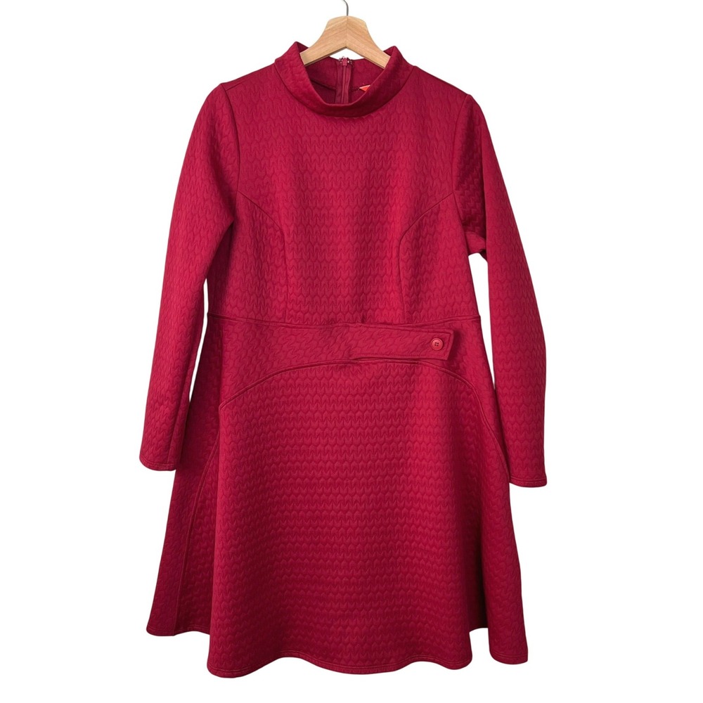 ModCloth Womens 1X Berry Red Quilted Mod Mock Neck Fit Flare Dress Long Sleeve